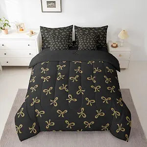 Feelyou Bow Black Gold Twin Comforter Set with Sheets for Kids Boys Girls Cute Kawaii 7 Pieces Bedding Set Ribbon Bow Knot Bed in a Bag Princess Bowknot Girly Room Decor Soft Lightweight Microfiber