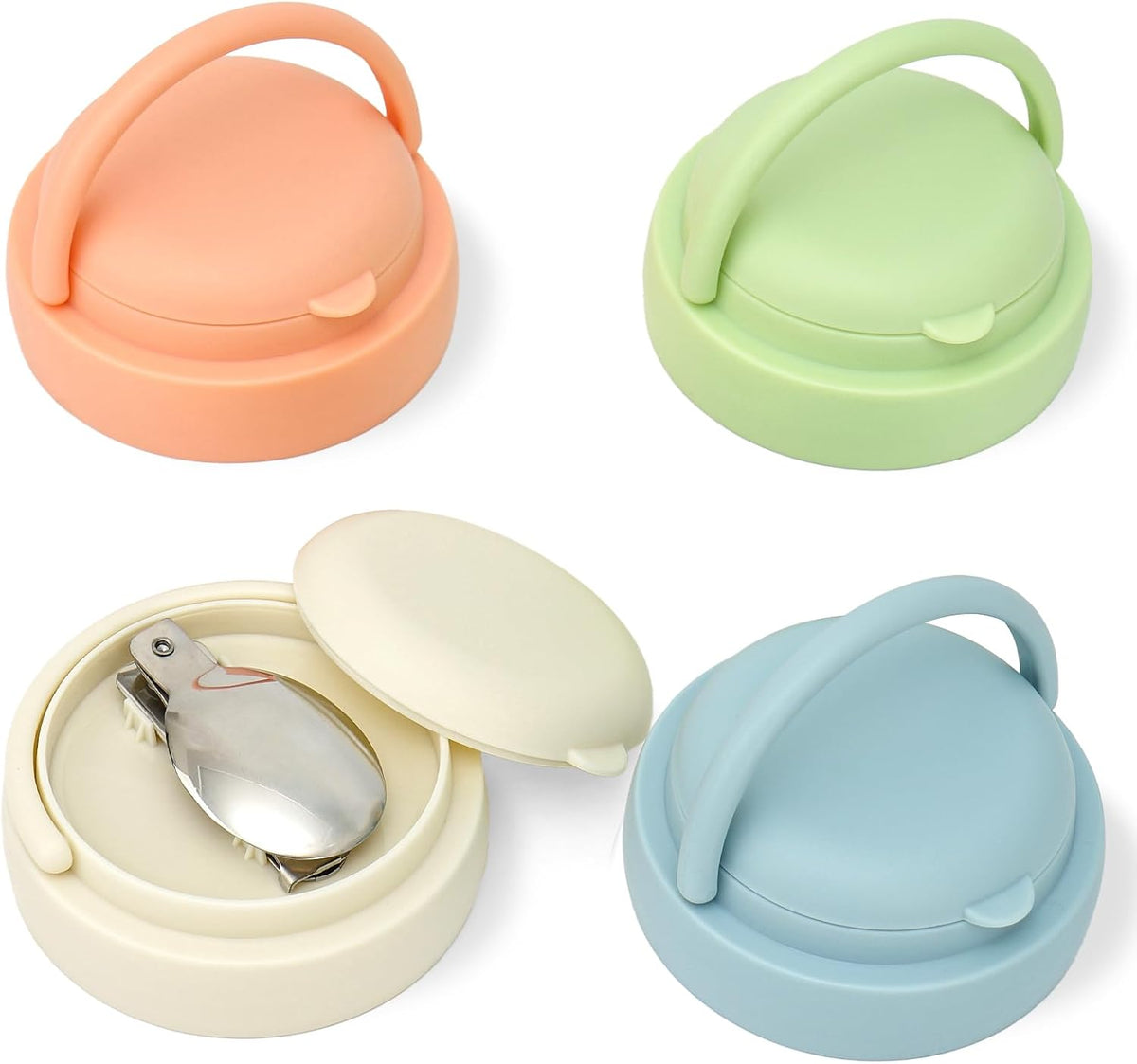 Overnight Oats Jar Lids with Foldable Spoon, 4-Pack Wide Mouth Mason Jar Replacement Lids with Handle, Leak-Proof, BPA-Free, Dishwasher Safe - Lids Only (Cream, Blue, Green, Pink)