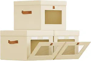 Homsorout Storage Bins with Lid  Closet Organizer with Side Opening and Clear Window, Foldable Stackable Fabric Basket for Clothes Storage, Bedroom, Nursery, Office, 3 Pack, Beige