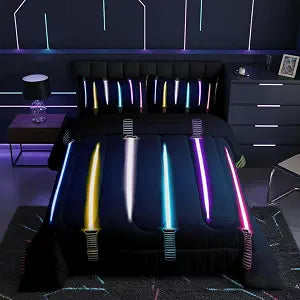 Homewish Teens Colorful Light Up Sword Comforter Set Full Size,Light Up Sword Bedding Set for Kids Boys Adult Bedroom Decoration,Colorful Neon Bed Duvet Insert,Modern Cool Comforter with 2 Pillowcase
