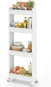 Giantex 4-Tier Slim Rolling Storage Cart, 9" W Narrow Slide Out Plastic Organizer Rack with Wheels, Mobile Utility Cart w/Shelving Unit for Kitchen, Bathroom, Office, Laundry Room