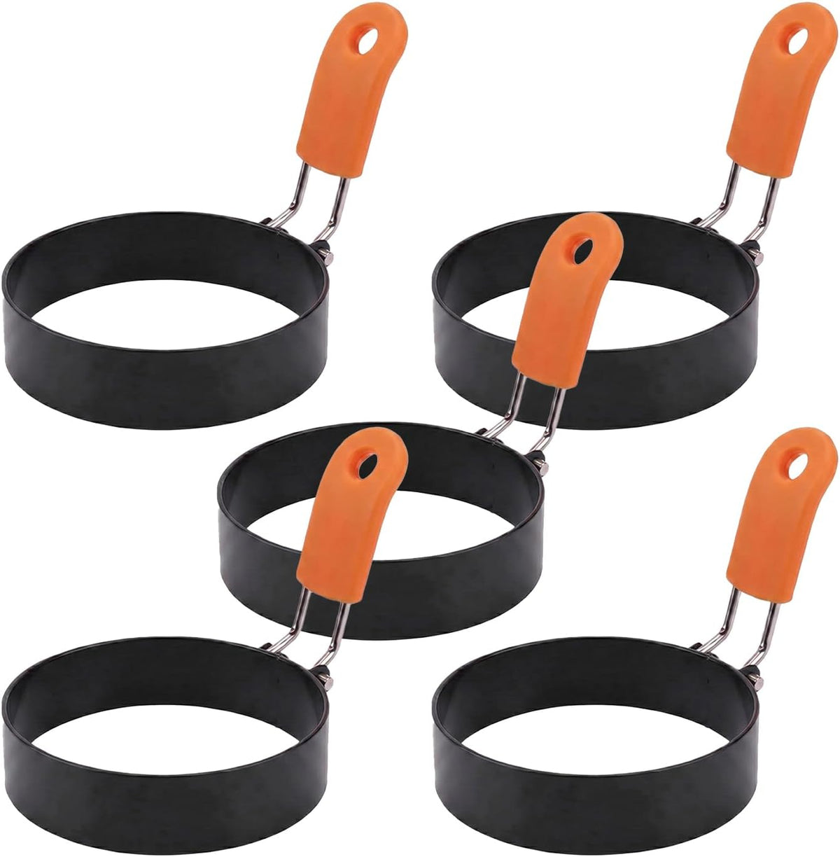 Set of 5 Round Coated Egg Rings with Silicone Handle, 3.54-Inch Nonstick Fried Egg Mold for Griddle, Perfect Circle Egg Shaper for Breakfast Sandwiches