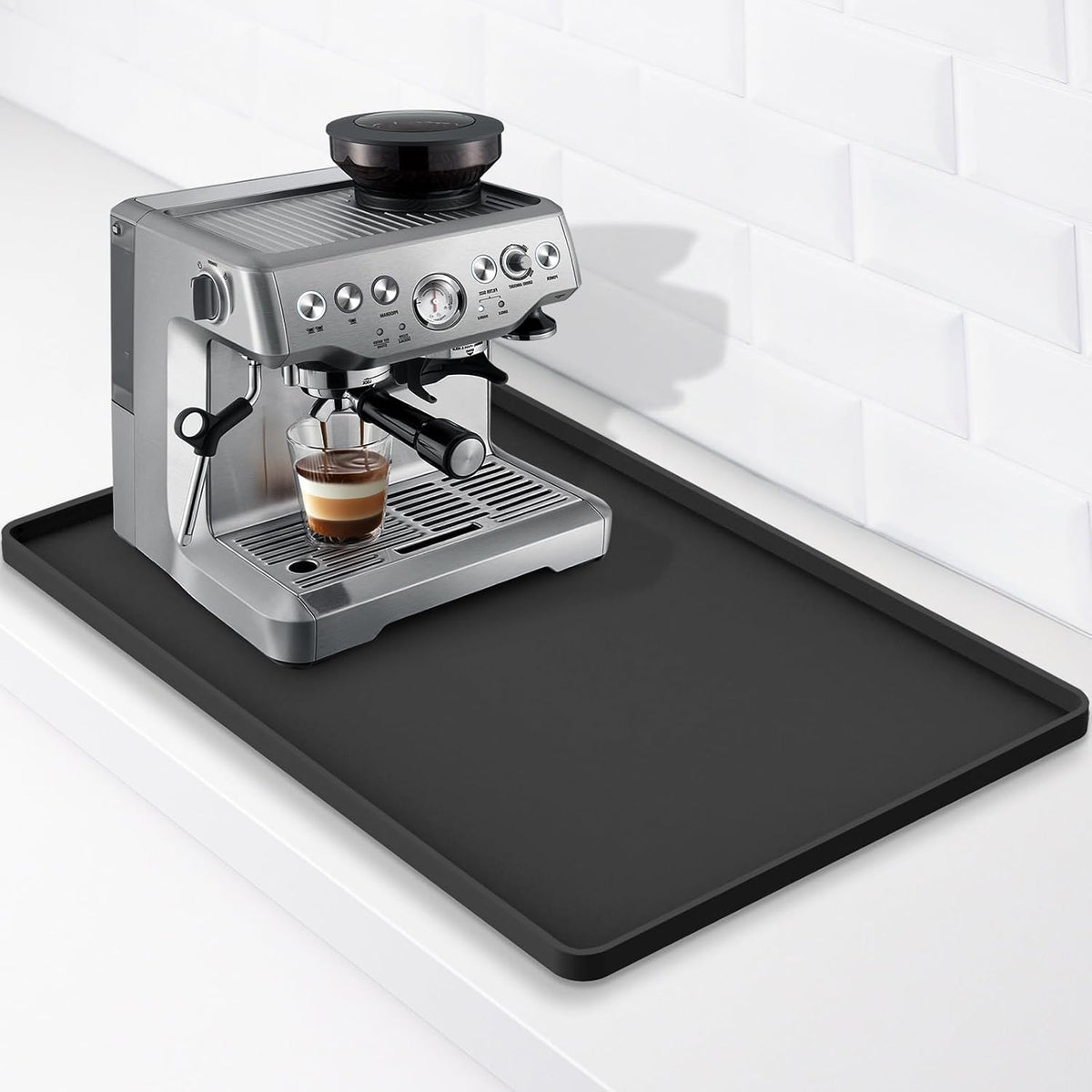 Silicone Coffee Mat 24"x16", Single Piece Anti-Vibration Under Coffee Maker Mat, Non-Slip Espresso Machine Mat with 10mm Raised Edge, Noise Reduction Countertop Protector, Fits Breville Ninja Keurig