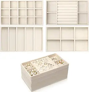 Prasacco 4 Pcs Stackable Jewelry Trays Jewelry-Organizer for Drawer Jewelry Drawer Organizer Inserts with Removable Dividers Jewelry Storage Display Case for Earrings Necklaces Rings Bracelets