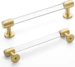 5'' Brass and Acrylic Cabinet Pulls,5 Pack Gold Drawer Handles