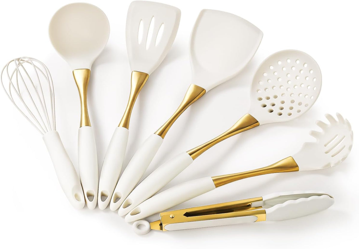 7 Pcs Silicone Spatula Cooking Utensils Set Kitchen Utensils Set White Gold