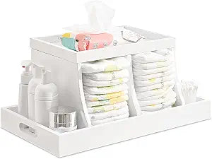 Diaper Caddy Organizer, Changing Table Organizer, Wooden Diaper Organizer for Nursery, Baby Diaper Storage Organizer with Removable Dividers (White, Rectangular Size)