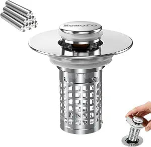 Bathroom Sink Drain Strainer, Stainless Steel Pop-up Strainer Basket Hair Catcher with Removable Basket, Brass Bullet Core, Universal Fit 1.1-2.36 Inch (1PCS)
