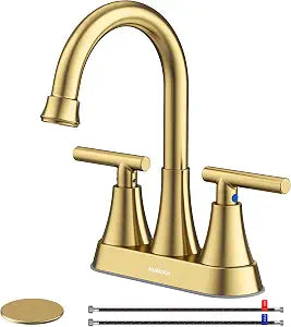 Brushed Gold Bathroom Faucet, Hurran 4 inch Centerset 2-Handle Lead-Free