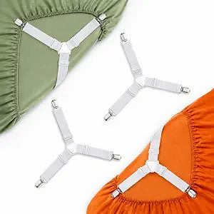 Bed Sheet Straps 4 Pack, Adjustable 3-Point Sheet Fasteners with Metal Clips, Elastic Fitted Sheet Holders for Mattress Corners, Non-Slip Bed Sheet Suspenders, Ivory