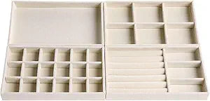 Velvet Jewelry Organizer for Drawer, Stackable Jewelry Drawer Inserts in Dresser, 8in Beige Storage Display Case for Rings Stud Necklaces Accessories, Set of 4