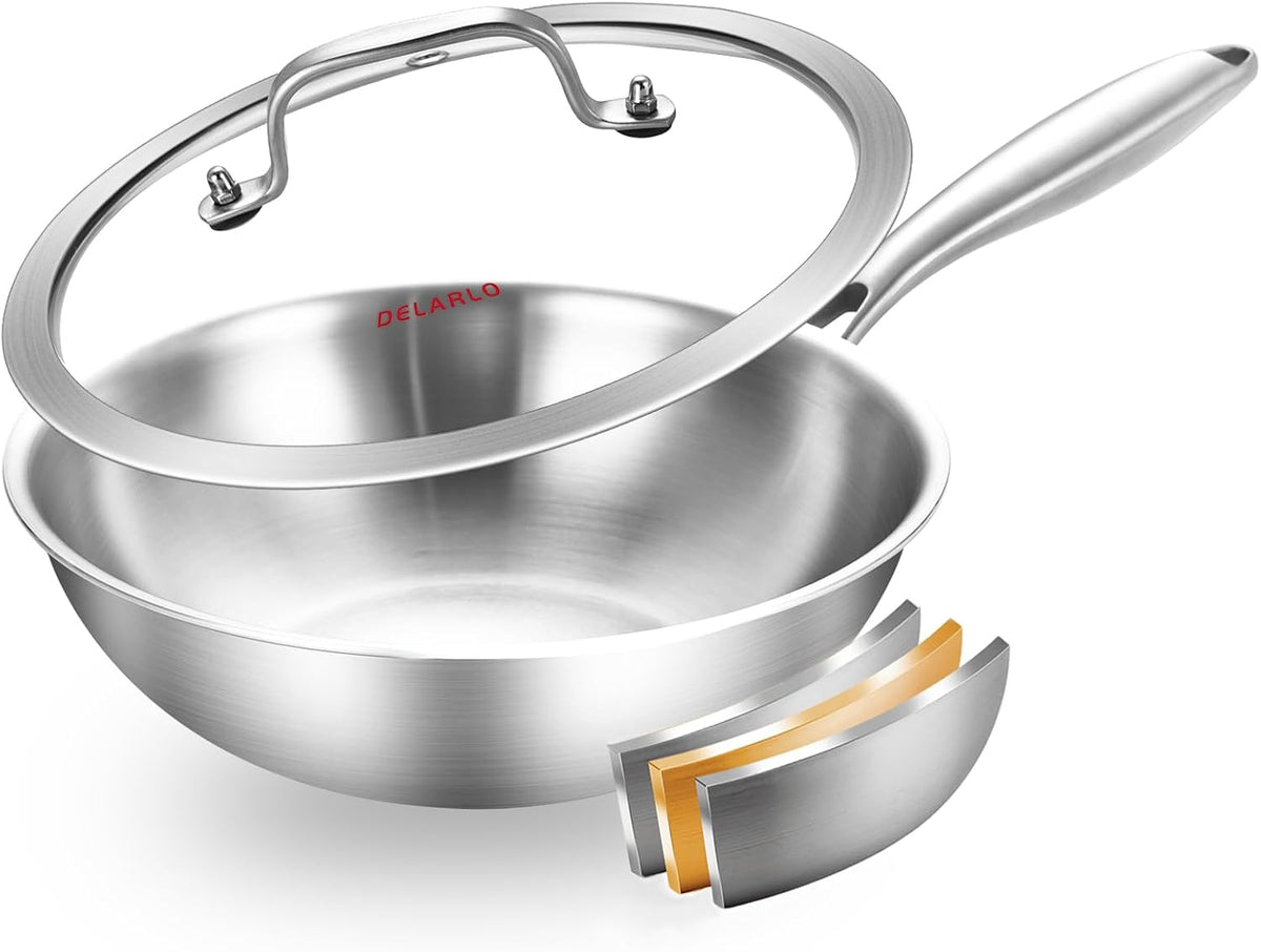 DELARLO Whole Body Tri-Ply Stainless Steel Wok 9.45 inch, Deep Kitchen Stir-Fry Pan, Small Wok Pan with Lids, Induction Mini wok, Suitable for All Stove, Up to 600â„‰, Detachable Handle