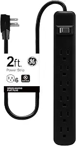 GE 6-Outlet Power Strip, 2ft Cord, Wall Mount, Integrated Circuit Breaker, 15A, 1800W, UL Listed, Black, 14831