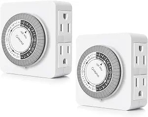 G-Homa Timer Outlet Electric Indoor with 2 Grounded Outlet,Plug-in 24-Hour Mechanical Timers,Daily On/Off Cycle,Energy Saving for Lamps, Seasonal, Christmas Lights and Holiday Decorations (2 Pack)