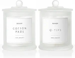 Ronasip Qtip Holder & Cotton Pad Dispenser, Bathroom Organizer and Storage Canisters, 16oz Glass Apothecary Jars for Kitchen, Restroom - Home Decor, Room Decor Aesthetic (2 Pack, Frosted White)