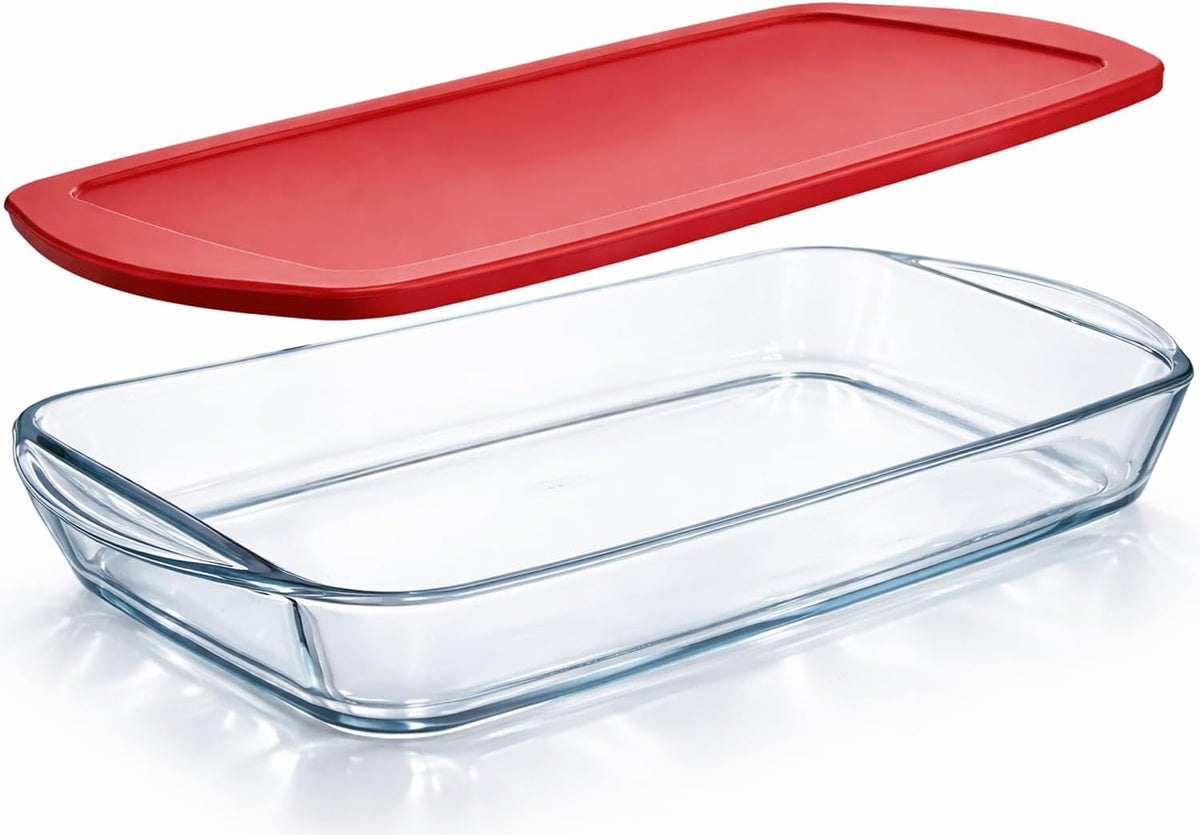 Ums 4-Qt Glass Baking Dish with Lid, Casserole Dishes for Oven with Lids, Borosilicate Glass Cookware, Oven Safe, Microwave and Dishwasher Safe Clear Bakeware, (15.7'' x 9.8'' x 2.4'')