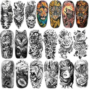 34 Sheets Half Arm Temporary Tattoos for Adults and Kids Waterproof Fake Tattoo for Men women Realistic Butterfly Rose Lion Tiger Wolf, Eagle Owl Forest - Long Lasting Tattoo Stickers for Halloween