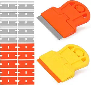 2 Pack Razor Blade Scraper Plastic Razor Blade Scraper Scraper Tool with Extra 10 Plastic Razor Blades and 10 Metal Blades for Adhesive Remover Removing Labels Stickers Taping on Glass Windows