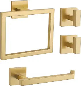 Brushed Gold Bathroom Accessories, Toilet Paper Holder, Towel Ring & Hooks