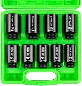 1/2" Drive Impact Socket Set, 9-Piece Metric Deep Axle Nut Sockets, 6-Point, Cr-Mo, 29mm, 30mm, 31mm, 32mm, 33mm, 34mm, 35mm, 36mm,38mm