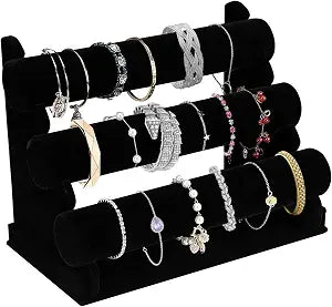 OSPNIEEK Velvet Bracelet Holder with 3 Tier Rack, Black Detachable Jewelry Display Stand T-Bar Necklace Storage Organizer for Bangles Watch Bracelets Scrunchies Organization Showcase