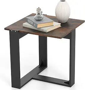 GIANTEX Industrial End Table, Square Bedside Night Stand w/T-Shape Metal Frame, Accent Nightstand for Bedroom, Wood Sofa Side Table for Living Room Office Small Space, Rustic Brown