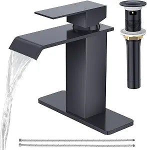 CREA Black Waterfall Bathroom Faucet 1 Hole,Matte Black Bathroom Faucet Single Handle Bathroom Sink Faucet with Pop Up Drain Stopper/ 3 Hole Plate,Stainless Steel RV Vanity Faucet Basin Mixer Tap