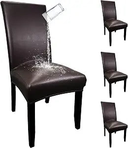 Pu Leather Dining Chair Covers set of 4, Waterproof Kitchen Chair Covers for Protecting Chairs from Stain/Scratch, Soft & Elastic Parsons Chair Slipcover Well-Fitted for Dinning Room(Dark Brown, 4Pcs)
