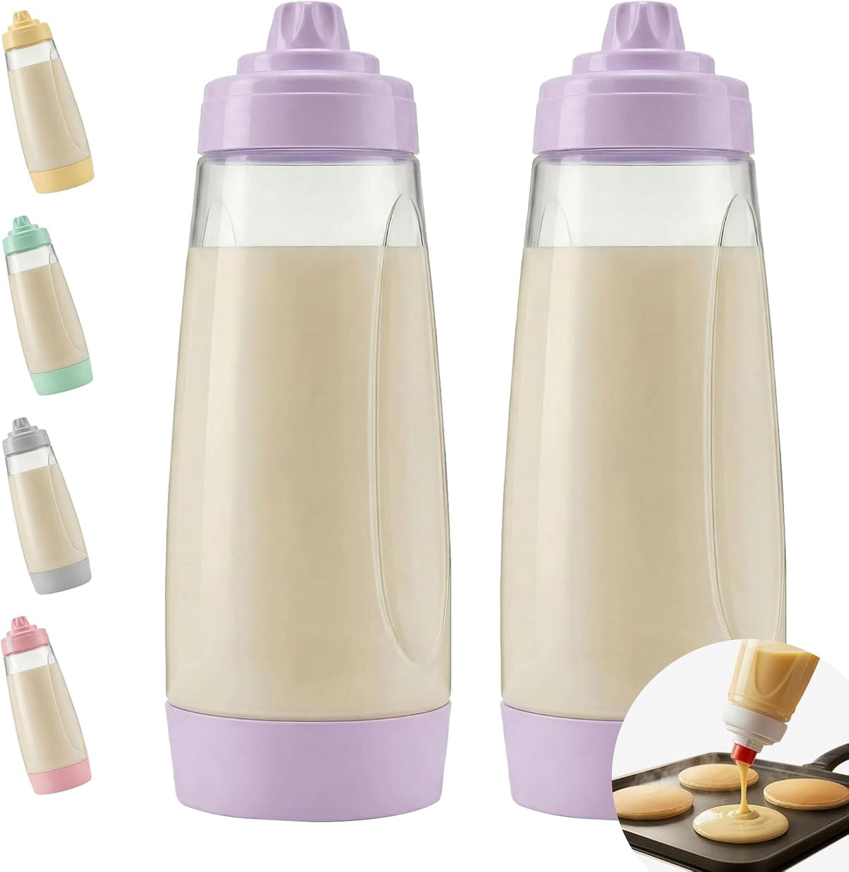 2PCS Pancake Batter Dispenser & Mixer Bottles, 1000ml Leak-Proof Silicone Squeeze Bottle, BPA Free & Dishwasher Safe for Pancakes, Waffles, Muffins, Crepes & Cupcakes (purple)