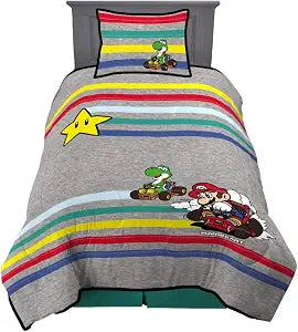Franco Super Mario Kart Kids 2 Piece Twin Coverlet Quilt and Sham Set, (Official) Nintendo Product