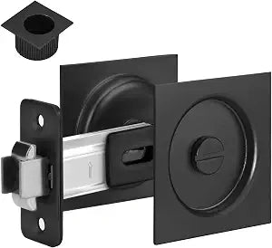 goldenwarm Matte Black Pocket Door Lock with Pull, Square Pocket Door Hardware 2-3/8" Backset, Black Pocket Door Handles 1 Pack