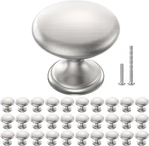 Cabinet Knobs Brushed Nickel 30 Pack, 1-1/6 Inch Round Solid Drawer Knobs