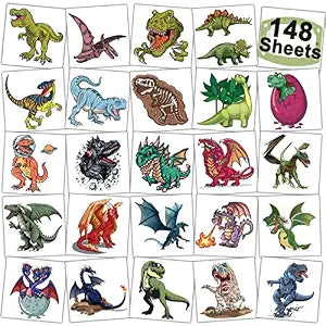 CHARLENT 148 Sheets Dinosaur and Dragon Temporary Tattoos for Kids