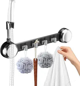 Shower Head Holder Suction Cup with 4 Hanger Hook Wall Mount - No-Drill Strong Adhesive Shower Wand Bracket - Adjustable Handheld Shower Head Mount - 2 in 1 Design