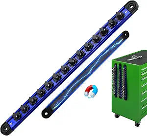 3/8-Inch Magnetic Socket Organizer Rail, Aluminum Alloy Socket Rail, Heavy Duty Sockets Holder with 14 Clips, 360 Swivel Clip Tool Tray, Sockets Organizer for Tool Box Drawer (Blue)