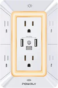 Multi Plug Wall Outlet Night Light, POWRUI 6 Outlet Extender & 3 USB Ports