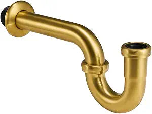 18 Gauge Solid Brass P-Trap 1 1/4 OD, Heavy Duty Brass Tubular J Bend Pipe Connector, Decorative Bathroom Basin Sink Waste Trap Drain Kit with Flange and Gasket Washers, Brushed Gold