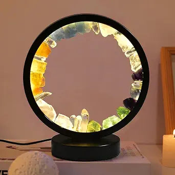 AMOYSTONE Natural Mixed Crystal Night Light Round Meditation Lamp