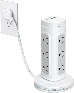 TROND Retractable Power Strip Tower 5 ft for Easy Cable Management, White