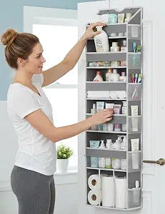 Over the Door Hanging Organizer for Bathroom & Nursery - 6 Shelf Closet Door Organizer, Anti Tilt 50LB Load Baby Behind Door Storage with 6 Large Clear Front & 12 Mesh Pockets, Small Space Essentials