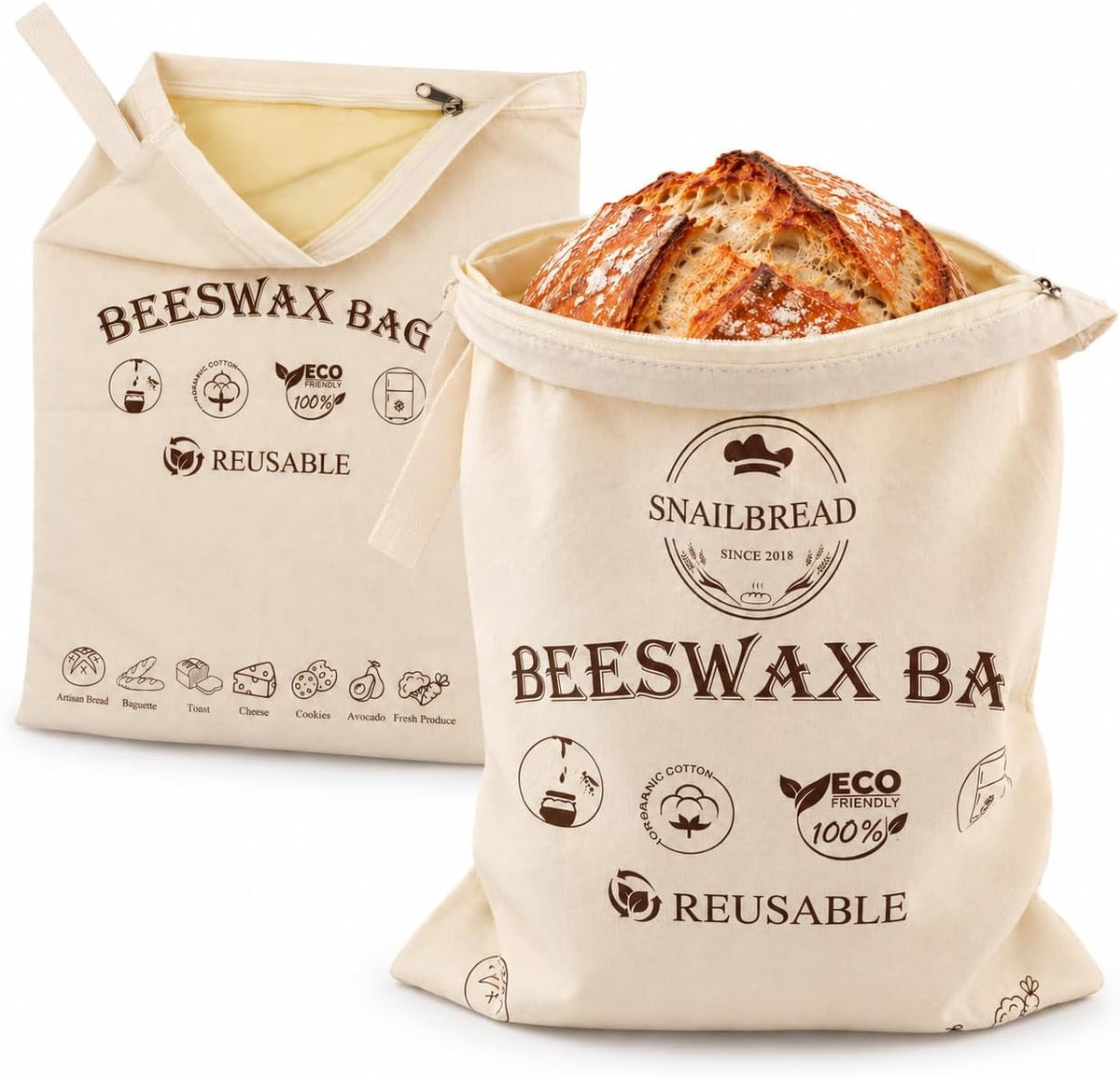 XL Beeswax Bread Bags, 2 Pack, Rusable Zippered Sourdough Storage