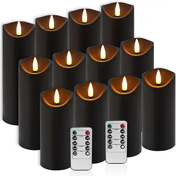 12-Pack Black Flameless LED Candles with Remote & Timer (3 Sizes) - Battery Operated Halloween Pillar Candles for Spooky Decor, Haunted House, Gothic Wedding, Holiday Centerpieces