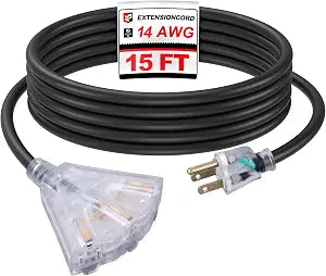 EP 15 Ft Outdoor Extension Cord 14/3 SJTW 3 Electrical Power Outlets Black