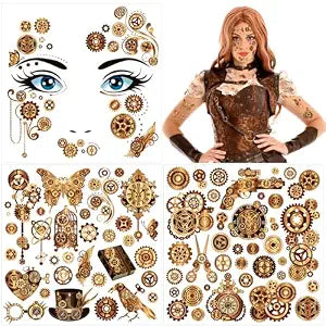 HOWAF Steampunk Temporary Tattoos Steampunk Face Tattoos, Steampunk Accessories Steam Punk Cogs and Gears Fake Tattoos, Halloween Tattoos Halloween Face Tattoo for Steampunk Halloween Costume
