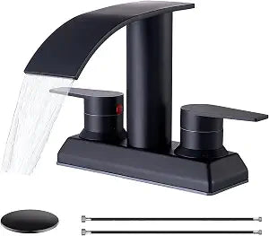 Black Waterfall Bathroom Faucet, 4 Inch 2 or 3 Holes Centerset Two Handles Matte Black Stainless Steel Bathroom Sink Faucet, Basin Lavatory Mixer Tap for Vanity Sink with Pop-up Drain & Supply Hoses