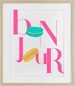 Bonjour Macarons Typography, 13 x 16 Inch Framed Print Under Glass