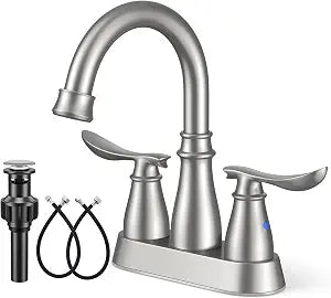 LUFEIDRA Bathroom Faucets with Pop-up Drain, Lead-Free 4 inch Centerset 2-Handle 2-3 Hole 360 Swivel Spout Faucet and Water Supply Lines for Bath Sink, Rv, Laundry, Brushed Nickel
