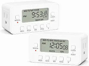 BN-LINK 7-Day Heavy Duty Digital Timer with Dual Outlet, LCD Display, 3-Prong Programmable Design, for Lights, Fans, Coffee Machine, Home, Office, Indoor Use, 125V 15A 1875W, 2 Pack