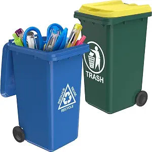 Wiosi Mini Garbage Trash Pen Holder for Desk | Tiny Recycle Bin Pencil Holder Green & Blue, Pack of 2 | Storage for Pencil & Pen | Office Stationery to Organize the Desk | Ideal for Student Work