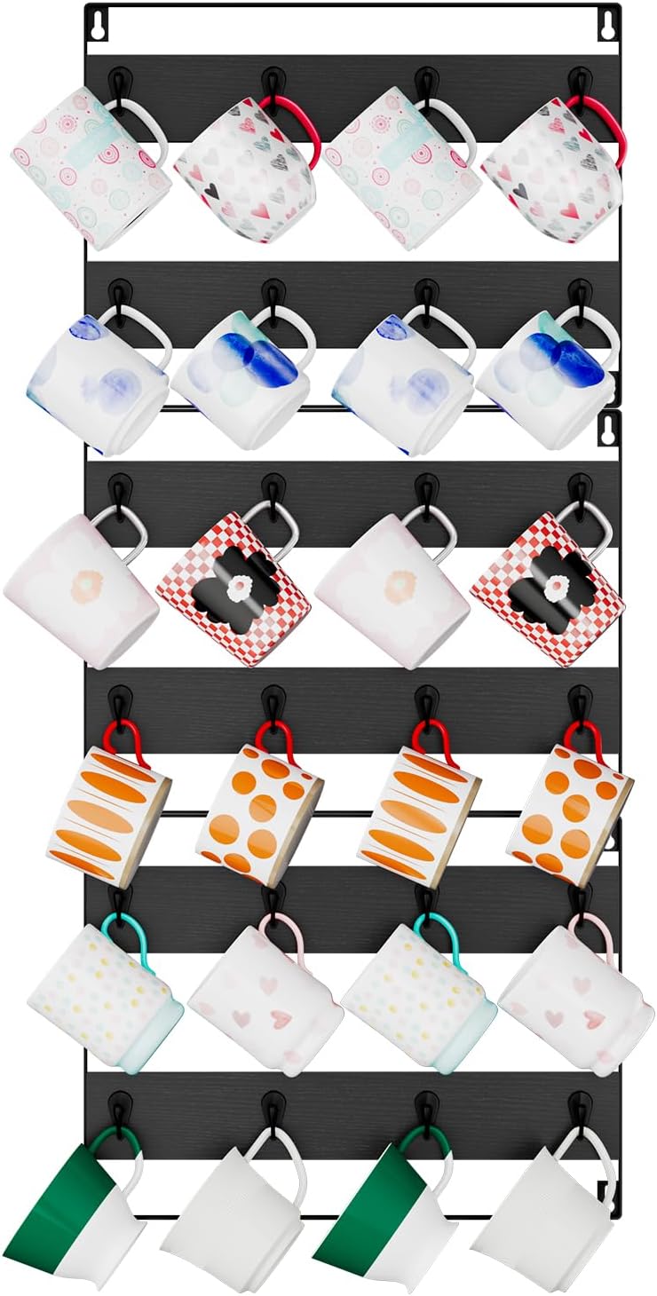 IBUYKE Coffee Mug Holder Wall Mounted,Set of 3,24 Hooks,Black TBJ005B-3